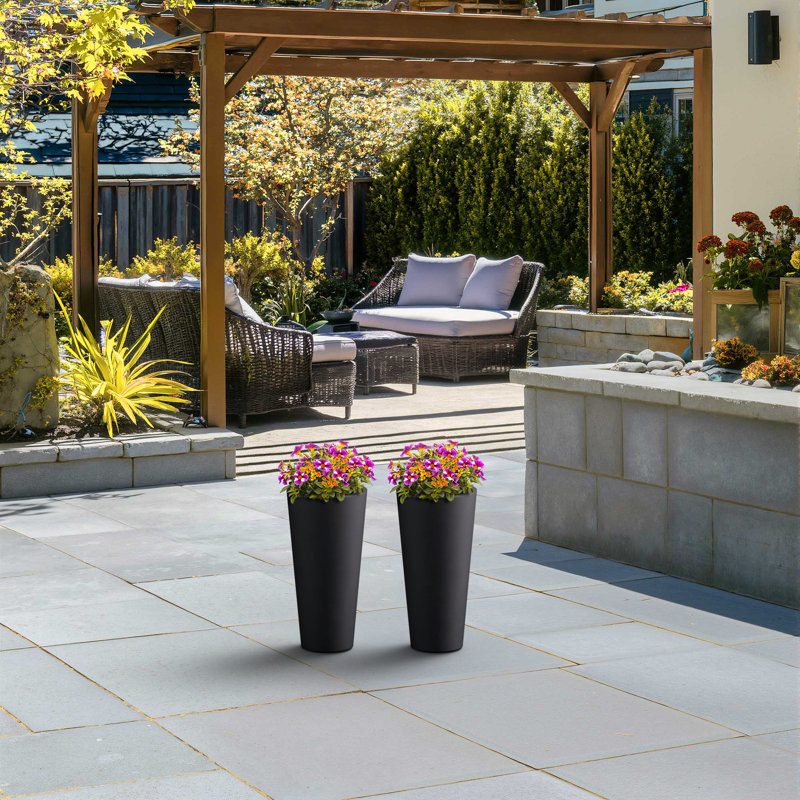 8 In. Medium Concrete Round Planter / Pot With Drainage Holes Set Of 2, Charcoal Black (Upgraded Interior)