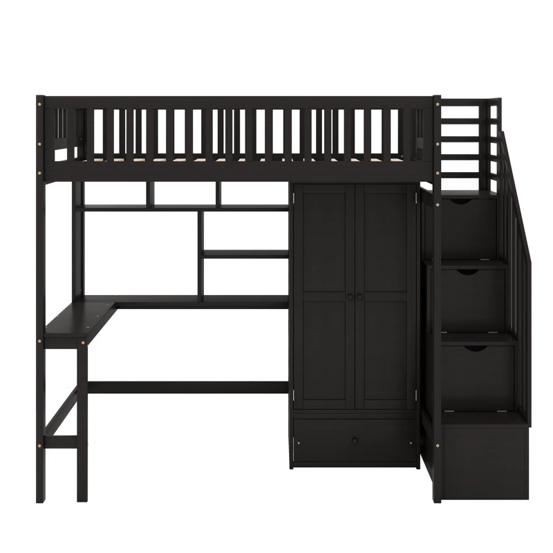 Lit mezzanine simple avec bibliothèque intégrée et tiroirs de rangement, Espresso