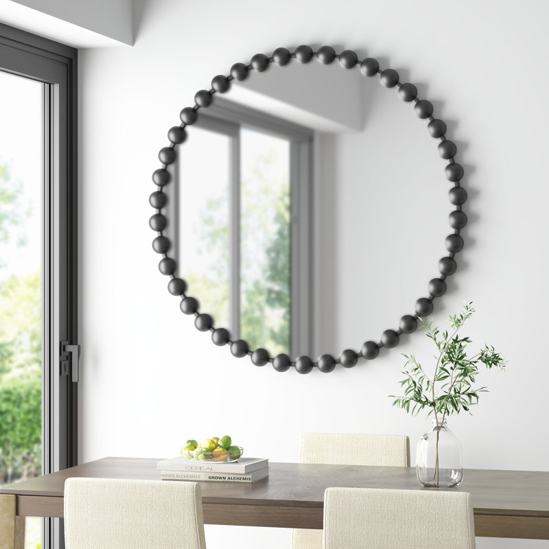 36" Round Black Beaded Frame Wall Mirror