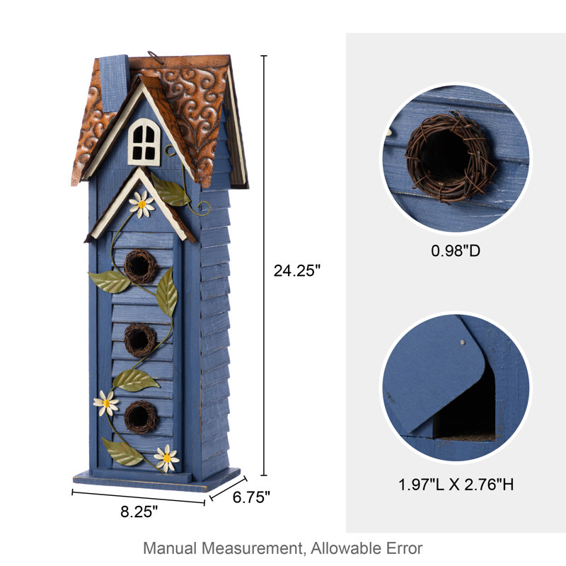 Oversized 3-Tiered Solid Wood Villa Birdhouse, 24.25"H-Blue, Blue