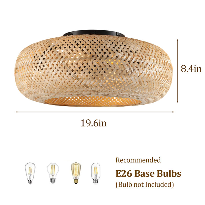 20" Low Profile Boho Ceiling Fan With Light & Remote - Handwoven Rattan Flush Mount Fan For Bedroom, Living Room, Dining Room - 3 Wood Blade Design, Quiet Reversible Motor