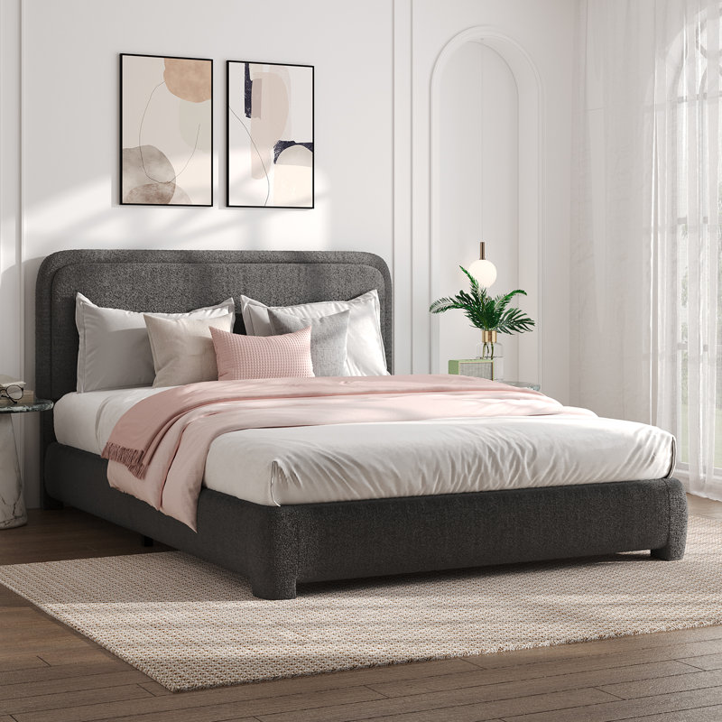 Lit plateforme tapissier Bensu Boucle, Gris, Lit double