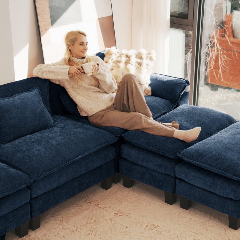 Brazell 154" W U-Shaped Modular Sectional Sofa With Deep Seat, Cloud Couch With Four Ottomans & Removable Cushions-Blue