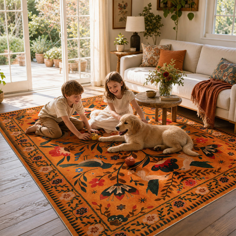  Tapis à motif floral lavable Goldene Boho, Rectangulaire 8 pi x 10 pi
