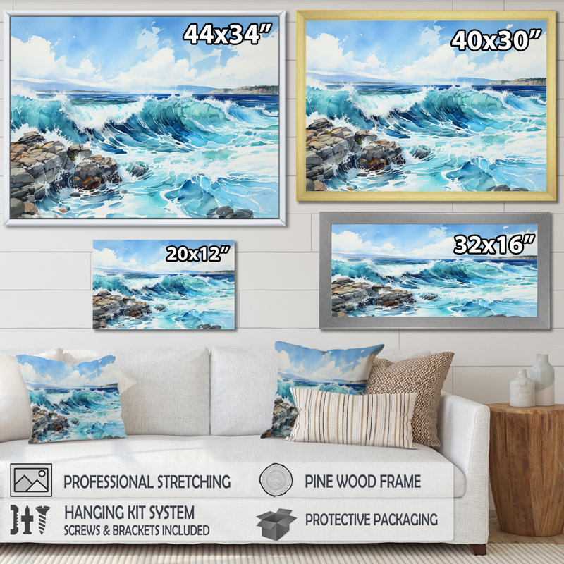 Océan bleu en mouvement, impression sur toile, Cadre flottant blanc, H 12 po x l 20 po x P 1 po
