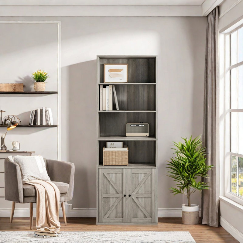 Bibliothèque haute, 6 tablettes en bois, Gris