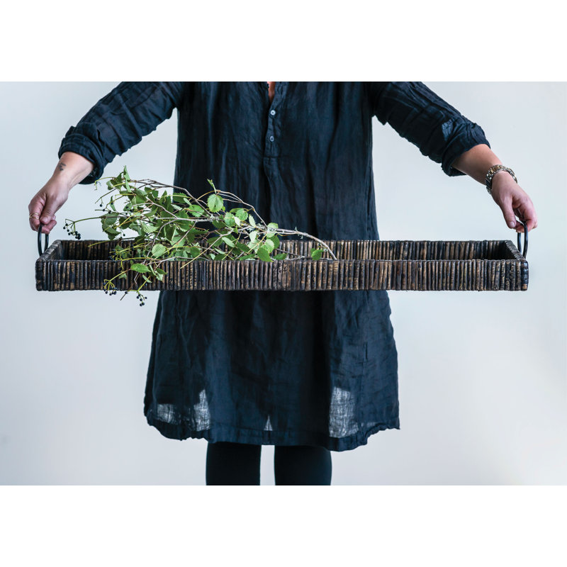 Hadley Oversize Decorative Rattan Tray with Metal Handles, Black