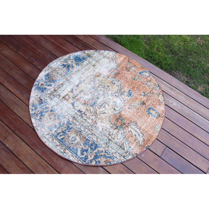 Small Round Vintage Turkish Rug in Muted Anatolian Design with a Hint of Orange for a Boho Chic Look
