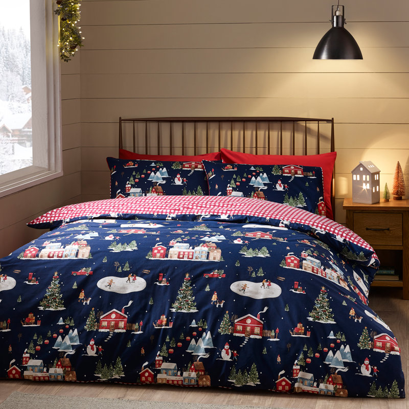 Christmas Ski Village Reversible Duvet Cover Set, Super King Duvet Cover + 2 Standard Pillowcases