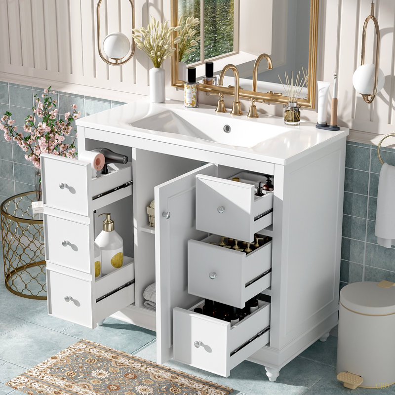 Ensemble de meuble-lavabo moderne avec lavabo en céramique 36 po x 18,3 po x 34,1 po, 4 tiroirs et 1 porte, rangement polyvalent, tablette réglable, cadre en bois massif, panneau de fibres à densité moyenne
