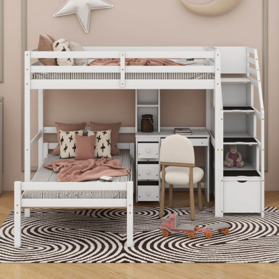 Twin Size Loft Bed With Desk And Storage Staircase, Space-Saving Wood Bunk Bed With A Stand-Alone Bed And Drawers by Harriet Bee
