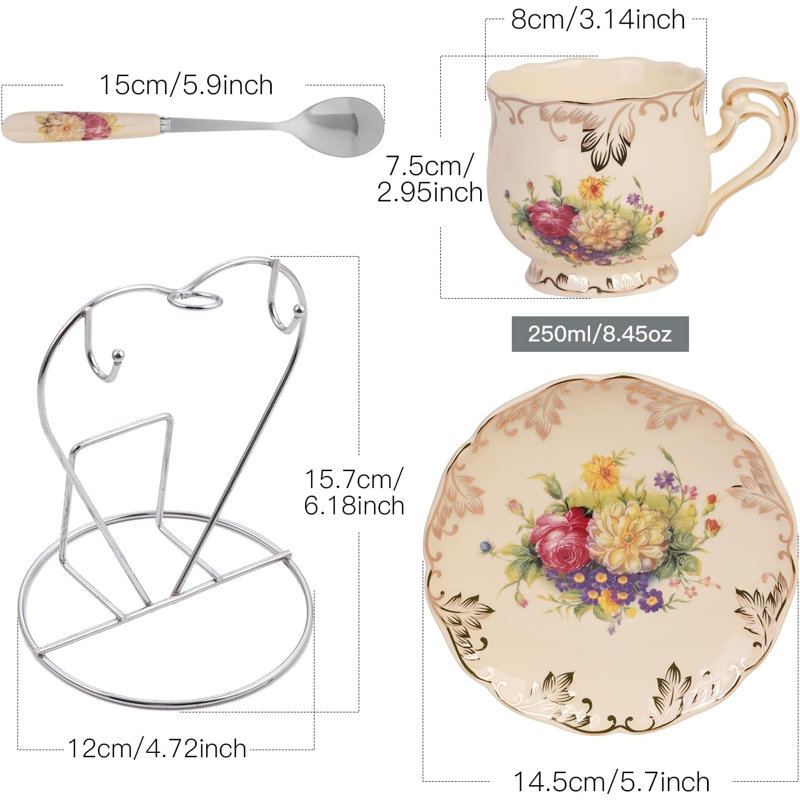 Ensemble de 2 tasses à thé et soucoupes à thé en porcelaine à motif floral rétro avec support - 8 oz