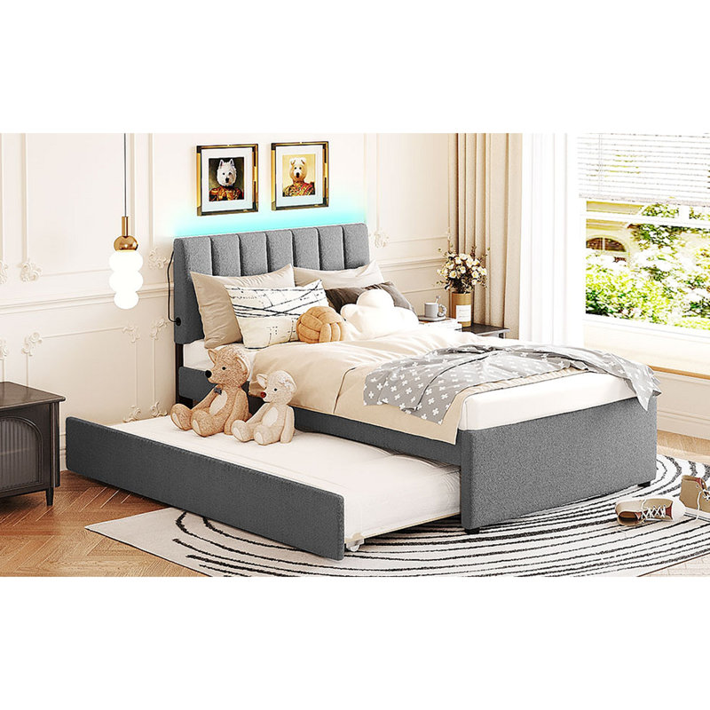 Lit plateforme tapissier Teddy, Gris, Lit simple