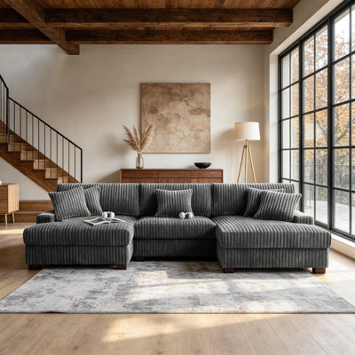 3 - Piece Upholstered Gray Faux Rabbit Fur Flannel Modular Sectional Sofa with Armrests & Throw Pillows