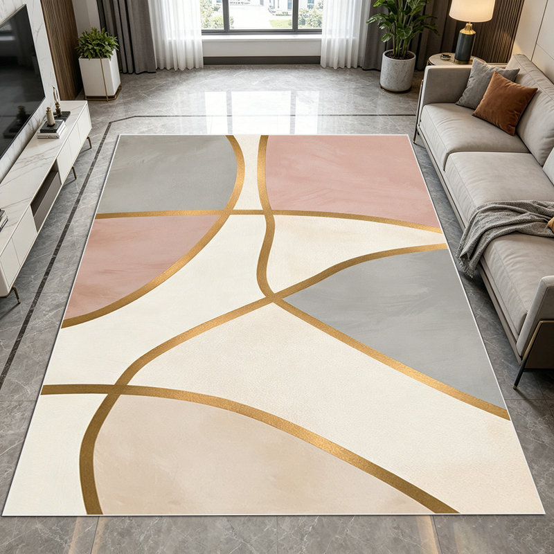 1PC Abstract Geometric Blush Pink Grey Gold Curved Line area rugs for Living Room, Soft and Comfortable, Suitable for all seasons, easy-to-maintain, machine washable Indoor floor mat, Under Table Farmhouse suitable for dining room, bedroom, entryway,