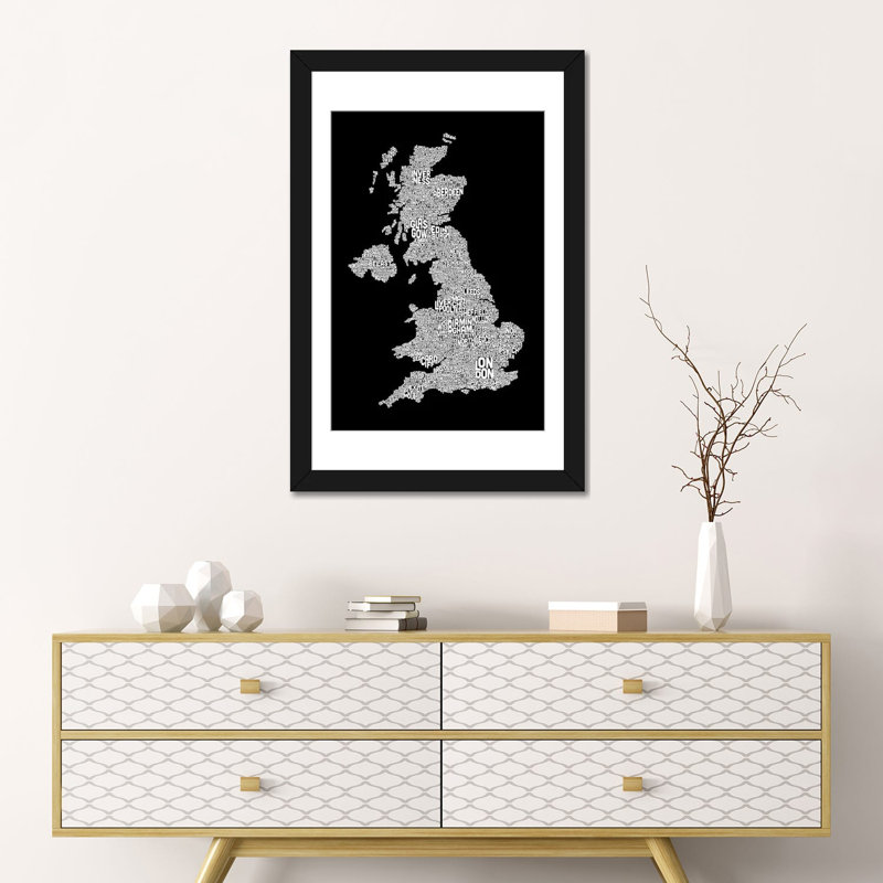 Impression sur toile, "grande-bretagne des villes text map ii" par michael tompsett, Papier d'art encadré noir, Blanc