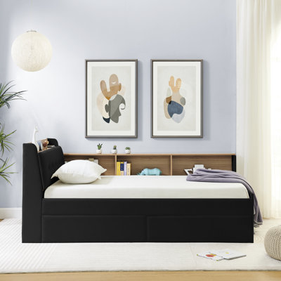 Lit de jour contemporain en velours noir avec charge sans fil, tête de lit avec rangement et 2 tiroirs noirs avec tête de lit et lumières à DEL