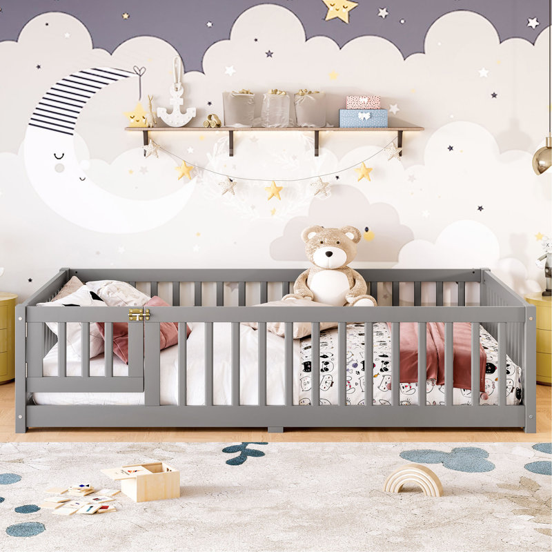 Lit au sol avec garde-corps et porte pour enfants, Lit double, Gris