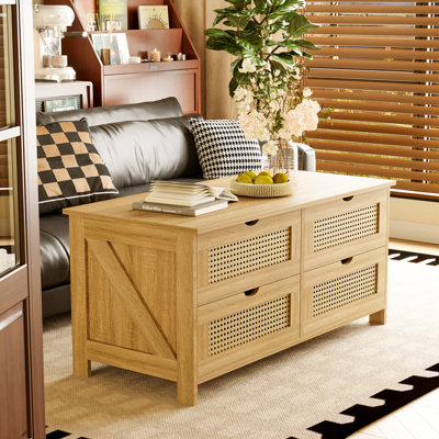 Table basse en rotin et bois, 4 tiroirs avec rangement