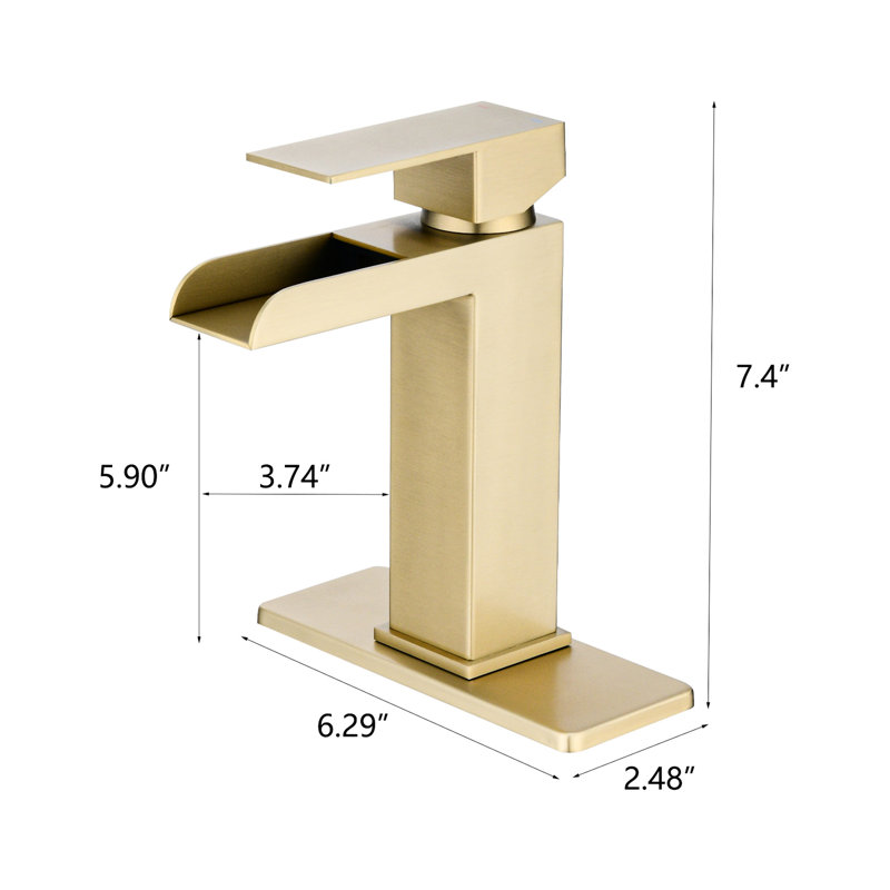 Robinet pour salle de bain à poignée simple en or brossé. Fixé sur le pont pour les éviers. Fabrication en acier inoxydable avec bonde escamotable et trop-plein. Débit d'eau régulé. 1,2 gallon par minute 9/16 po Connexion. 5,9