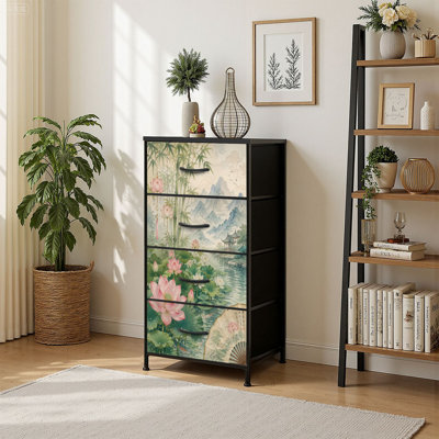 4 Drawer Vertical Storage Dresser Serene Lotus Pond Bamboo Traditional Chinese Architecture with Wood Top Fabric Pull Drawers