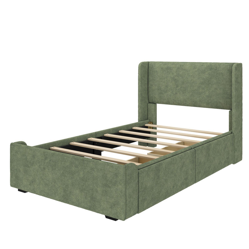 Solid Wood Upholstered Bed with Rectangular Headboard with 2 Drawer Side Storage, Twin, Green