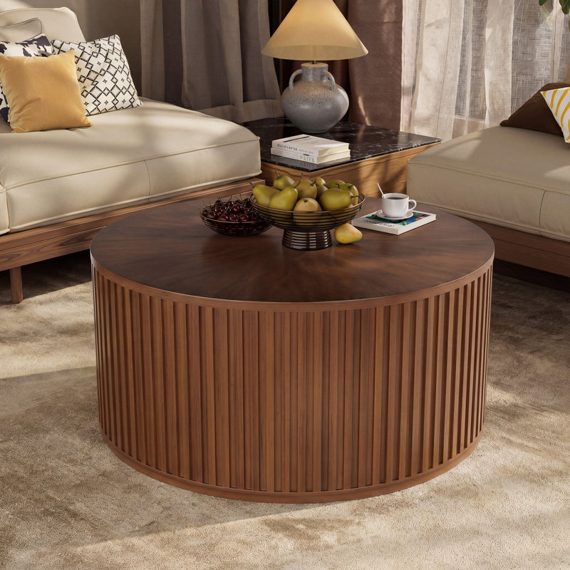 Anival Round Solid Wood Lift Top Coffee Table with Storage, Brown