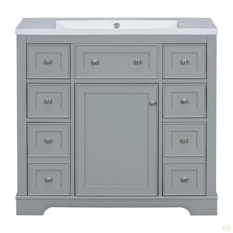 Ensemble de meuble-lavabo 36 po avec lavabo, une armoire et six tiroirs, bois massif et panneau de fibres à densité moyenne