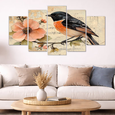 Botanical Bird Wall Art, Floral Avian Canvas, Botanical Bird Collage 5 Panel