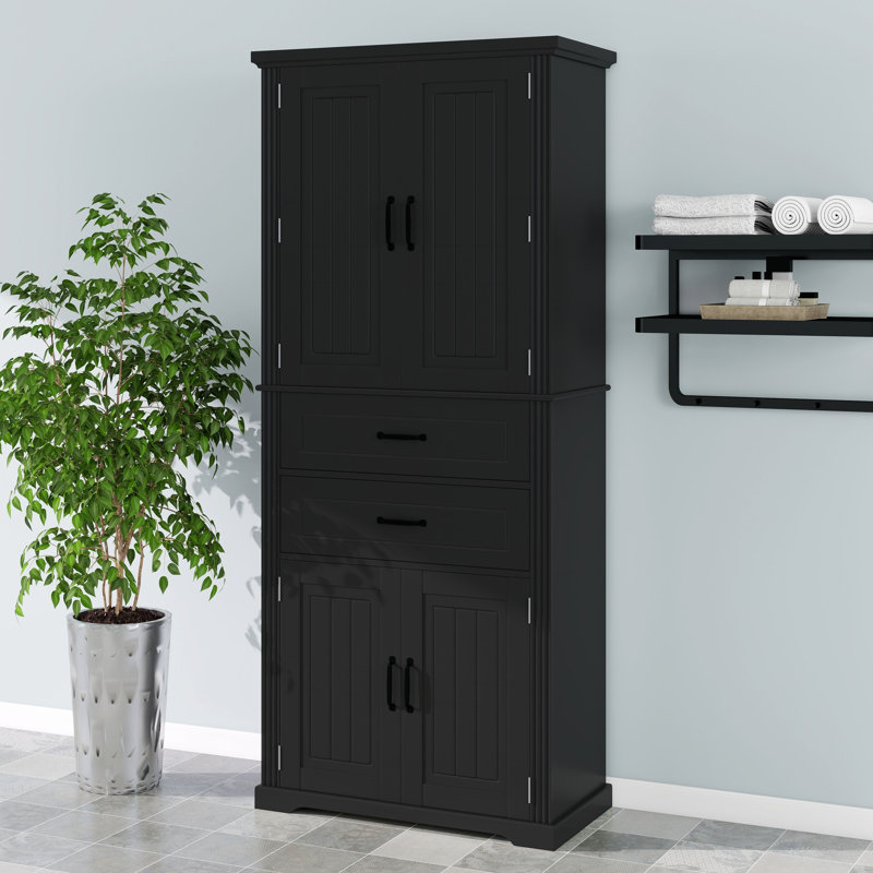Grande armoire de rangement, armoire de rangement autoportante avec 4 portes, tablette réglable et 2 tiroirs, Noir