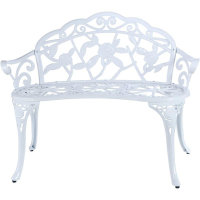 Banc de jardin en aluminium coulé blanc avec motif floral rose décoratif, banc de parc extérieur résistant à la rouille pour le patio, la pelouse et la cour
