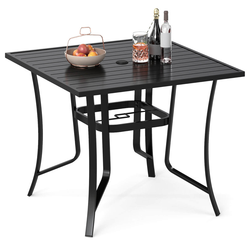 Square Patio Table for 4, Outdoor Metal Dining Table w/Umbrella Hole for Porch