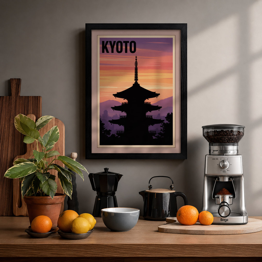 Kyoto Pagoda at Sunset Vintage - Framed Print