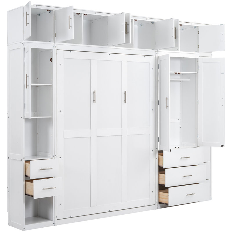 Lit blanc avec armoires - et lit double optimisant l'espace, avec casiers, armoires et fabrication