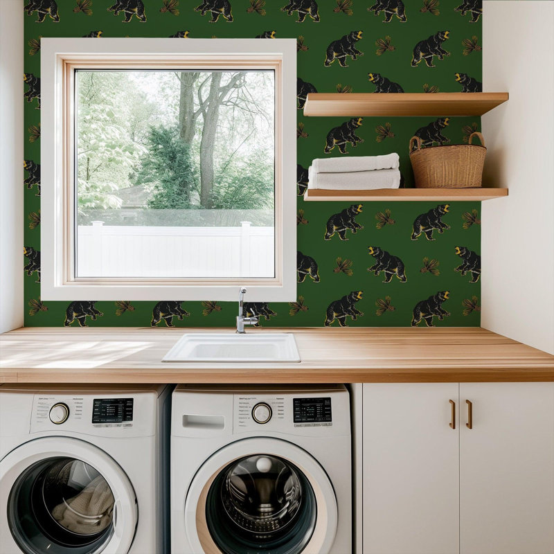 Roaming Black Bear - Wallpaper, Black; Green, Non-Pasted, Faux Grasscloth