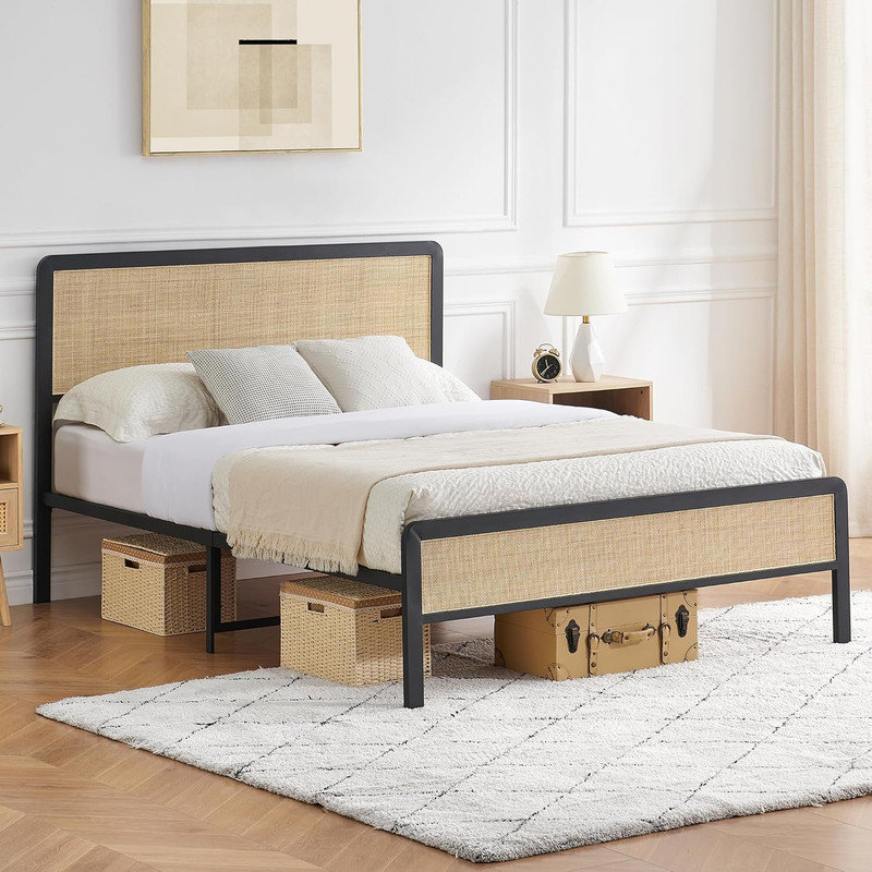 Cadre de lit double bohémien avec tête de lit en rotin - lattes en métal lourd, sans bruit, aucun sommier requis, assemblage facile