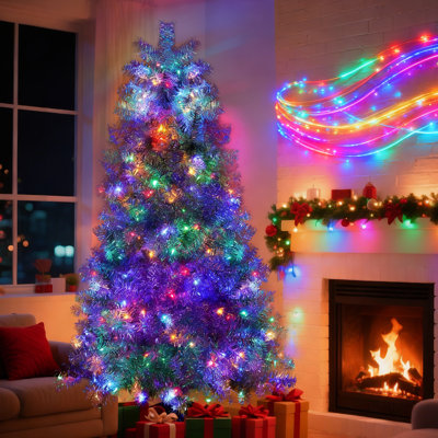 Arbre de Noël illuminé argenté 6 pi avec 300 lumières DEL, 11 modes d'éclairage, arbre complet à charnières pour un décor intérieur et extérieur
