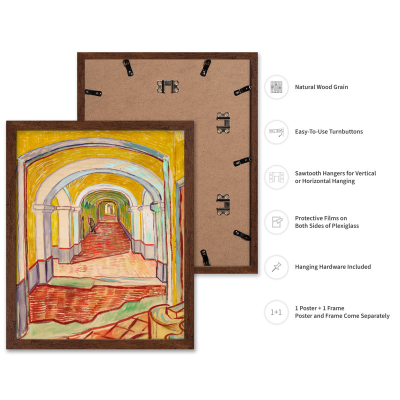 Van Gogh - Couloir dans l'asile, Poster, 08"H x 10"W, Brown Framed
