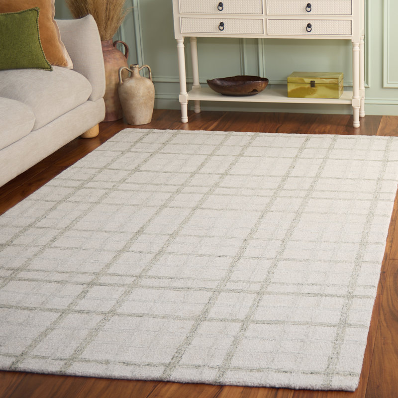 Tapis sauge / ivoire à motif écossais en laine / coton touffeté à la main Ilyaas 141, Rectangulaire 2 pi x 3 pi