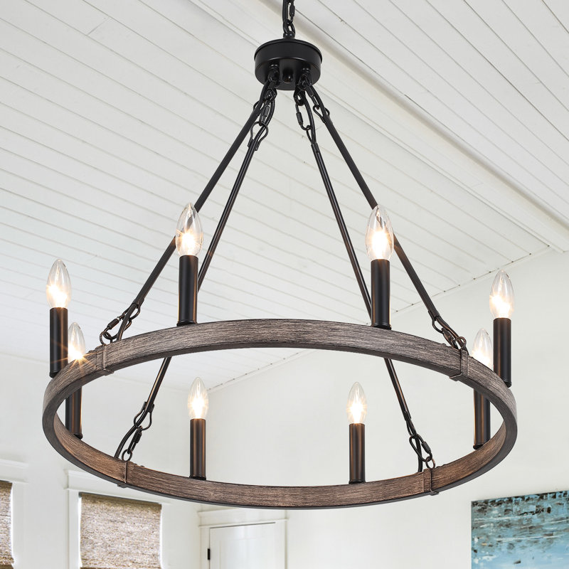 Janiah 8 - Light Dimmable Wagon Wheel Chandelier, Black/Brown
