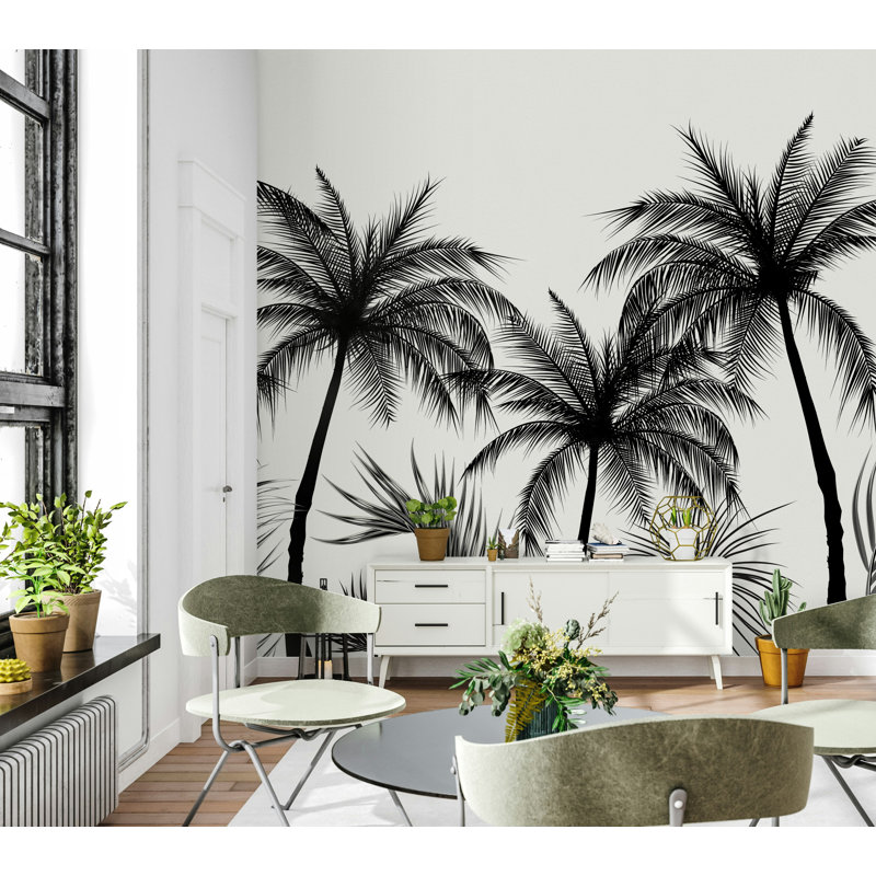 Papier peint amovible noir et blanc avec palmiers exotiques, L 98 po x l 150 po