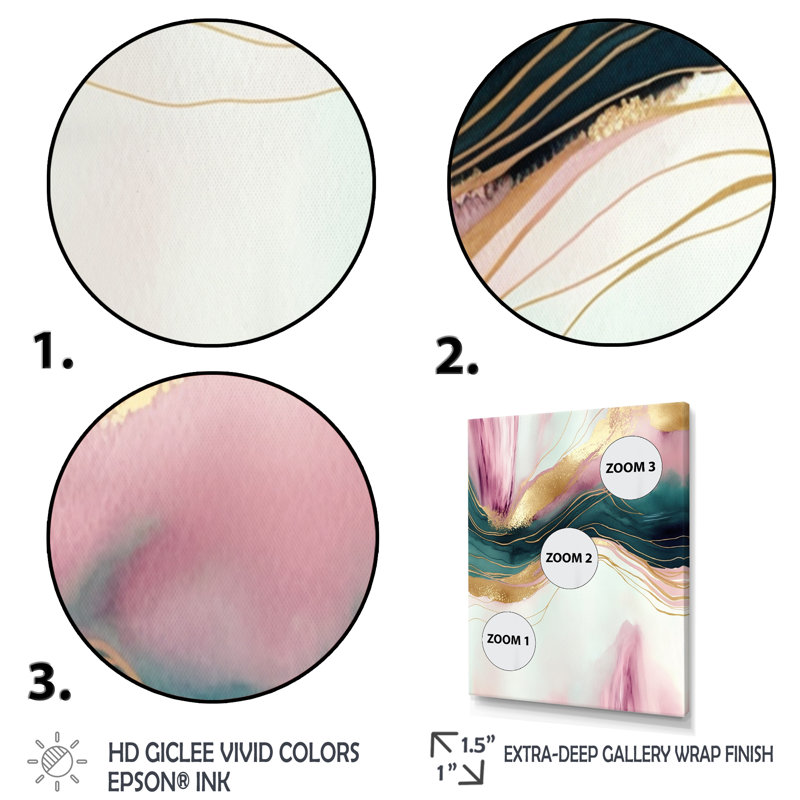 Géode abstraite, marbre rose et vert III - art mural abstrait en marbre, H 20 po x l 12 po x P 1 po, Toile tendue