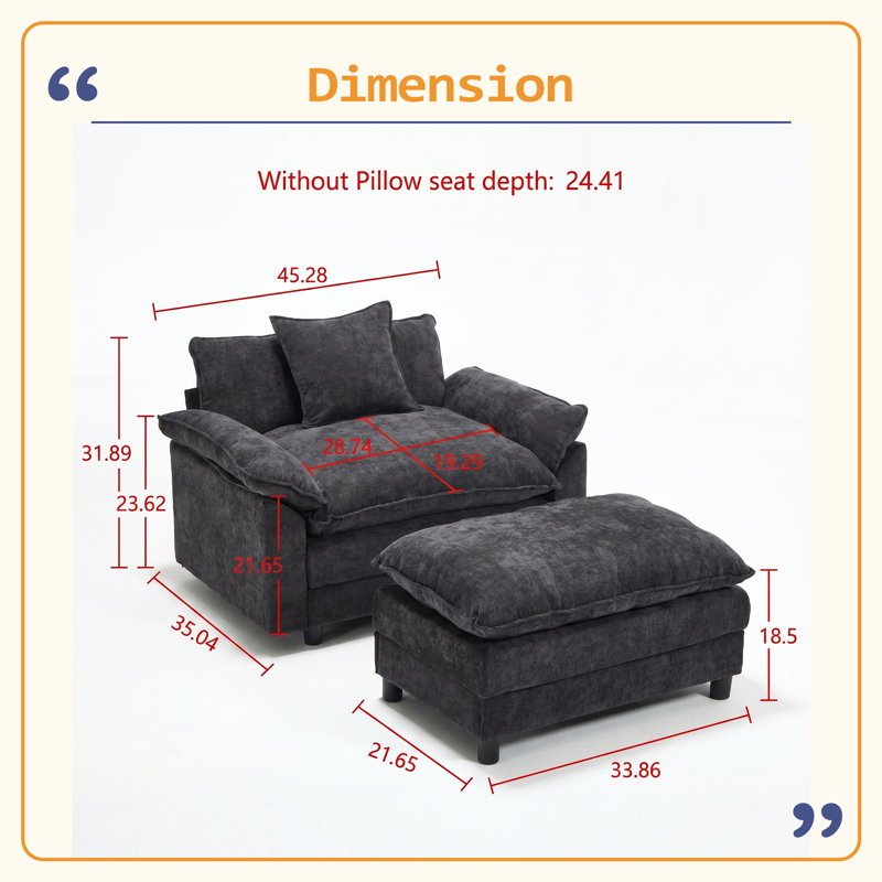 Fauteuil d'appoint moderne et durable de 44,5 po avec repose-pieds, fauteuil club en chenille et fauteuil de lecture Durable
