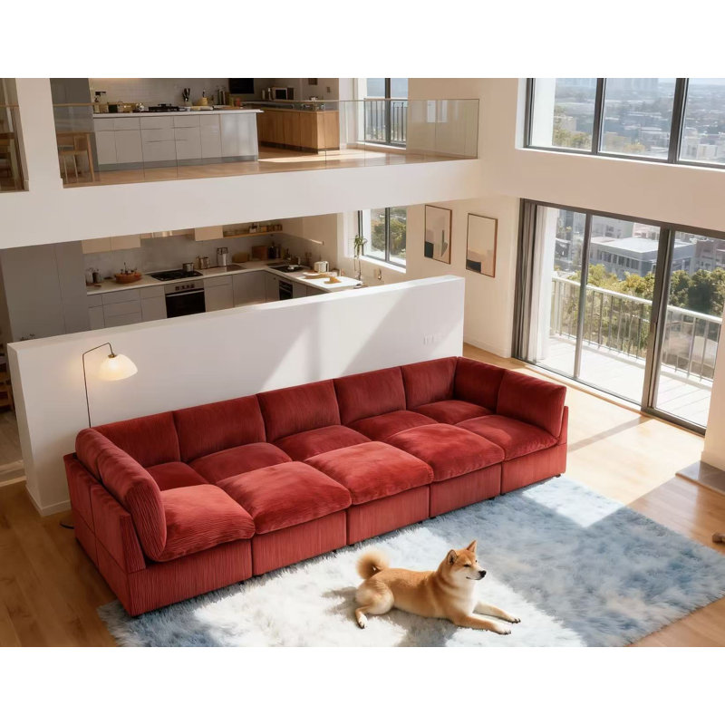 Canapé modulaire de coin avec repose-pieds Arfsten Anagel, Velours côtelé rouge