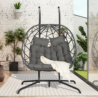 Double chaise double avec coussins d'extérieur - Fait à la main, mobilier de patio gris foncé de 600 lb pour 2 personnes, tissé à la main