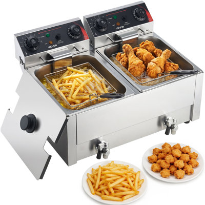 Friteuse électrique commerciale, double cuve de mise à niveau 19 pte, friteuse de comptoir en acier inoxydable 3500W avec paniers et couvercles, contrôle de la température, minuterie, protection contre la surchauffe, pour restaurant commercial, argent