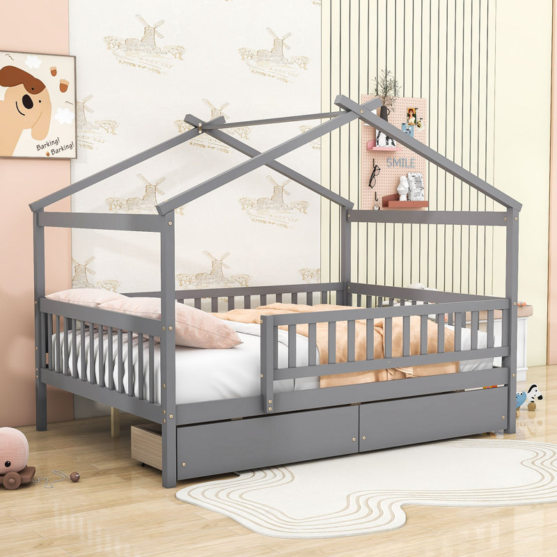 Lit en bois avec 2 tiroirs, toit et garde-corps, Gris, Double