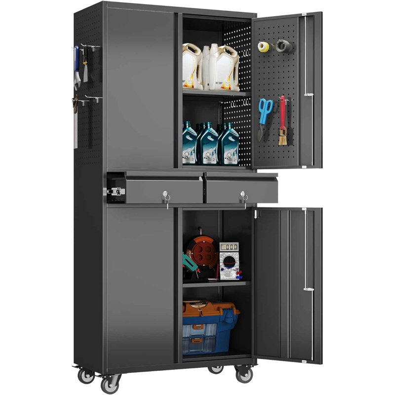 71" H Rolling Tool Storage Cabinet With Pegboard And 2 Drawers,metal Garage Storage Cabinet With Wheels And Doors For Garage, Warehouse,home,required Assembly,Black