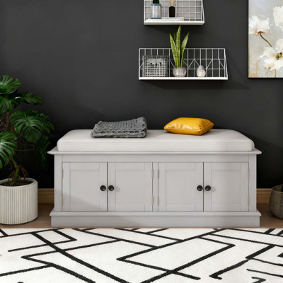 Storage Bench with 4 Doors and Adjustable Shelves, Shoe Bench with Removable Cushion