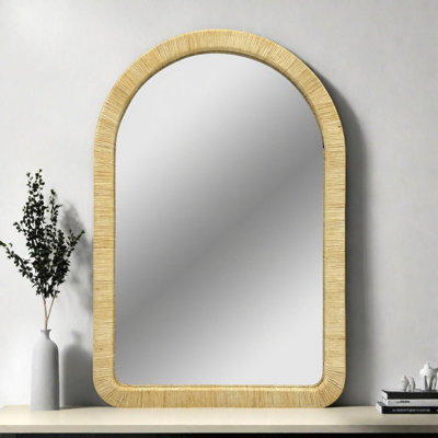 Natural Rattan Arched Wall Mirror 39x26x1.2 Inches